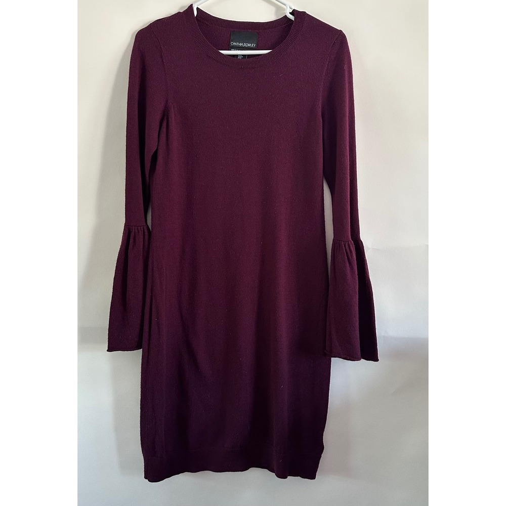 Cynthia Rowley Merino Wool Bell Sleeve Sweater Dress Burgundy Plum Mens Size M
